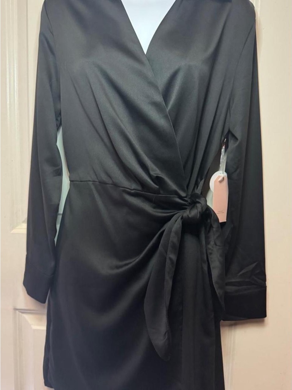 Black Long-Sleeve Wrap Dress with Side Tie
